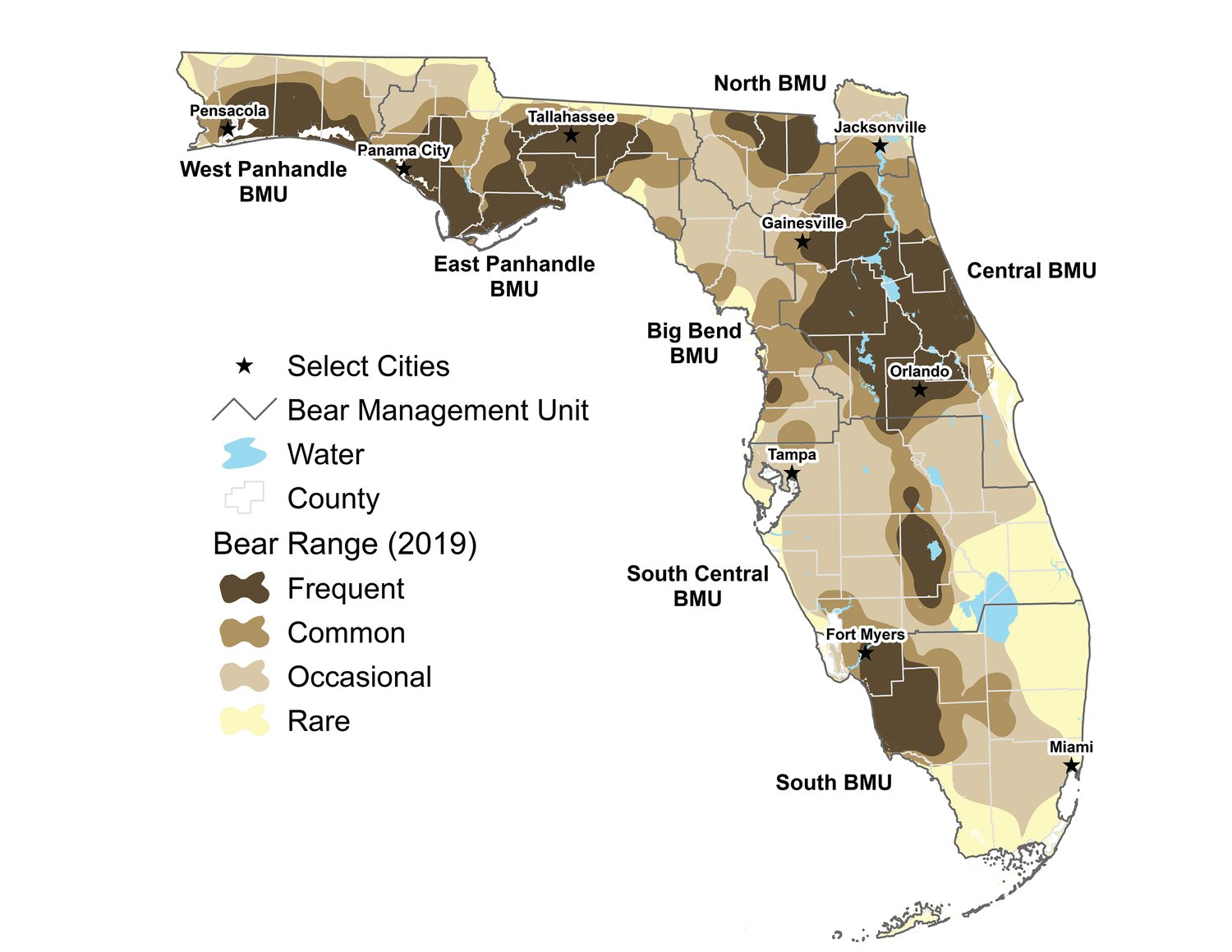 Florida black bear range map 2019...FWC graphic